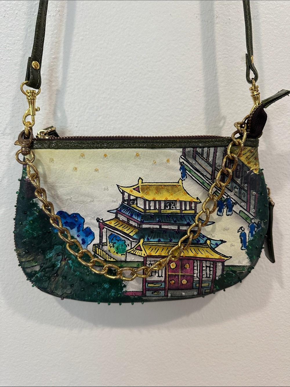 Sharif Hand-Painted Pagoda Crossbody Leather Bag Purse Zippered Gold Chain Green